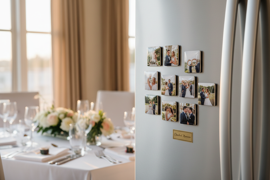 Custom photo magnets displayed on a refrigerator at a wedding reception – Stick My Pics
